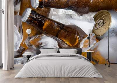 beer bottles with beer can chilled in ice Wall mural