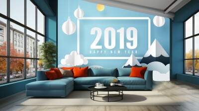 Paper art of 2019 happy new year with sky and mount Wall mural