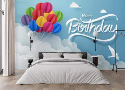 Paper art of happy birthday calligraphy hand lettering with colorful balloon Wall mural