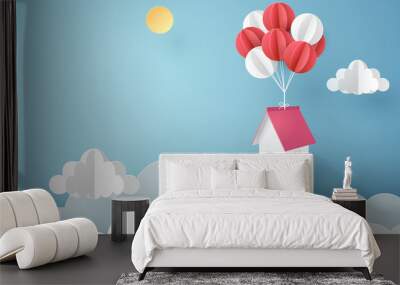 Paper art of house hanging with colorful balloon, business concept and asset management idea Wall mural