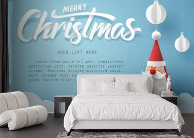 Paper art of Merry Christmas calligraphy hand lettering with Santa claus Wall mural