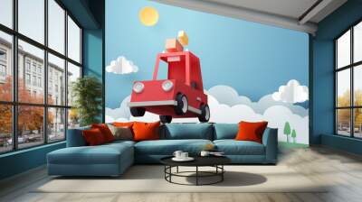 Paper art of red car jumping on mound, origami and travel concept Wall mural