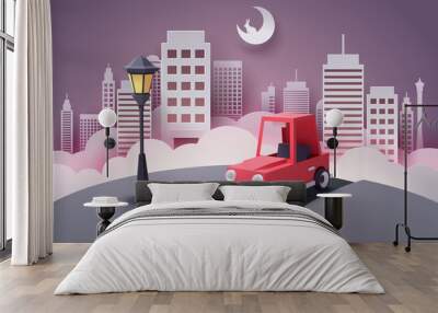 Paper art of red car running out from the city at night Wall mural