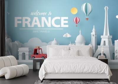 Paper art of red car take travel to paris after covid outbreak end, safe travels and journey in paris concept Wall mural