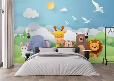 Paper craft of zoo animals and forest Wall mural