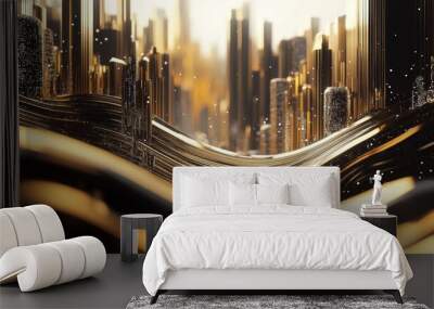 Abstract Golden Cityscape with Flowing Waves Wall mural