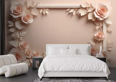 Beautiful paper flower frame with delicate pink roses and leaves on a soft beige background, perfect for invitations and wedding designs. Wall mural