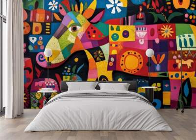 Whimsical UHD Colorful Abstract Cubism Animals with Intricate Folk Art Patterns Wall mural