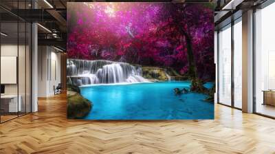 Huay Mae Kamin Waterfall, beautiful waterfall in rainforest at Kanchanaburi province, Thailand Wall mural