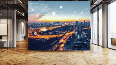 cityscape with graphic of network concept, bangkok, thailand Wall mural