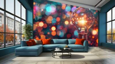 A light bulb glowing brightly with colorful sparks and digital symbols surrounding it, symbolizing innovation in technology and creative thinking. Wall mural