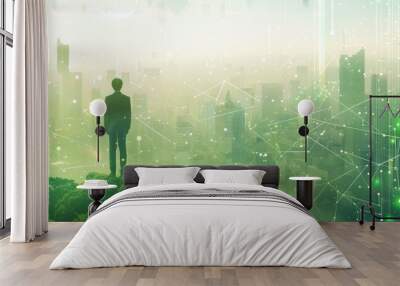 A person in business attire standing at the edge of an urban skyline, looking out over green sustainable buildings and technology elements floating above them. Wall mural