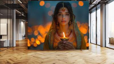 A woman holding lit Diya lamp in hands. Beautiful young Indian woman wear dress celebrating Indian festival in traditional way. Wall mural