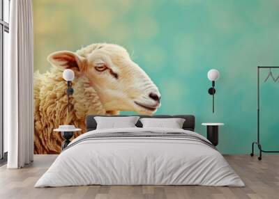 Close-up of sheep in golden field at sunset, pastoral farm scene. Eid ul-Adha with sacrificial animal, Eid ul Adha backgrounds with mosque. Eid Mubarak Islamic background template 3d illustration Wall mural