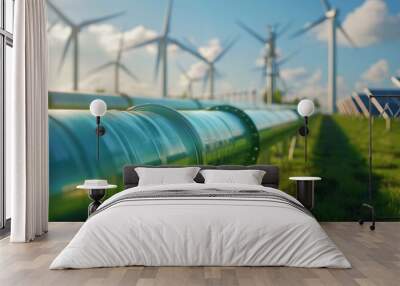 Green renewable energy. Solar, wind, hydrogen power. Futuristic landscape environmentally friendly equipment Wall mural