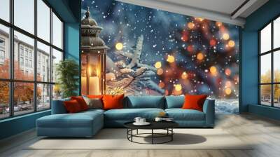 lantern with burning candle in snow on blue starry night sky background, wide banner for card design Wall mural