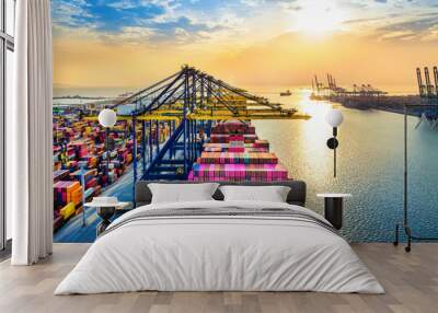 Cargo ship and cargo container in harbor Wall mural