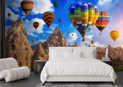 Colorful hot air balloon flying over Cappadocia, Turkey. Wall mural