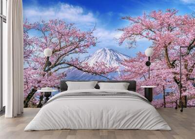 Fuji mountain and cherry blossoms in spring, Japan. Wall mural