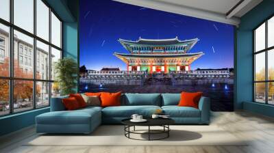 Gyeongbokgung Palace with Star trails at night in seoul,Korea. Wall mural