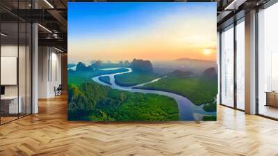 Panorama of Phang Nga bay with mountains at sunset in Thailand. Wall mural