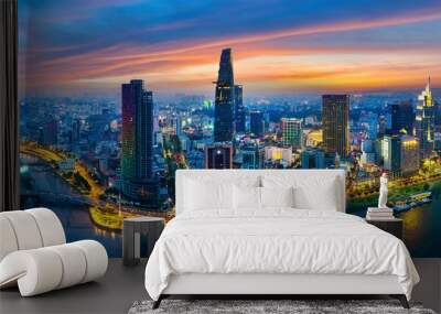 Panoramic of Ho chi minh city or Saigon city at twilight in Vietnam. Wall mural