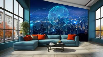 Smart connection network system, smart city network concept, 5G wireless connection. Wall mural