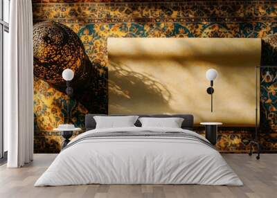 A blank scroll on a richly decorated oriental rug, with intricate patterns and a gold thread border, ambient light from an ornate lantern casting gentle shadows, traditional Eastern art style, serene Wall mural