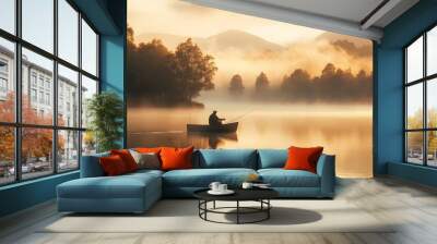 A fisherman in a small boat casting a line into a serene lake, early morning light casting a golden hue on the water, soft focus background of misty trees and distant mountains, peaceful and Wall mural