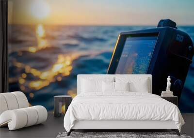 A high-tech fishing sonar device mounted on a boat, bright, clear light reflecting off its screen, modern, sleek design with digital readouts, background of sparkling water and a distant horizon, Wall mural