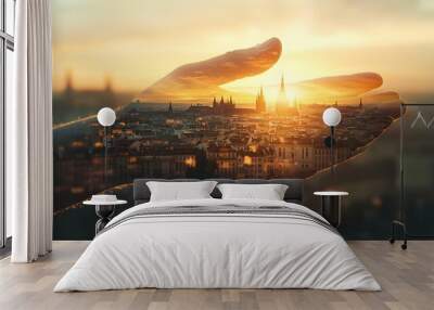 A historical city depicted in a hand, golden hour light highlighting the architectural details, blurred background of a vintage sky with soft gradients, nostalgic and protective mood Wall mural