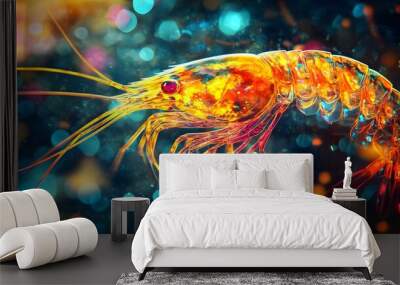 Artistic 3D-rendered shrimp with vibrant, exaggerated colors, displayed on a dark, abstract background with dramatic, colorful lighting, bold and artistic mood Wall mural