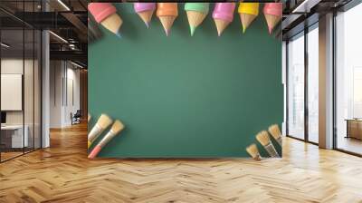 Blank 3D school board, with colorful pencils and brushes hanging from the edges, bright, even lighting highlighting each tool, clean and minimalistic design with soft pastel tones, smooth textures, Wall mural