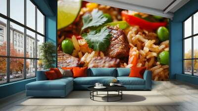 Close-up of fried rice with vibrant bell peppers, tender pieces of beef, and snap peas, served with a slice of lime and fresh cilantro, bright, clean light highlighting the details, fresh and Wall mural