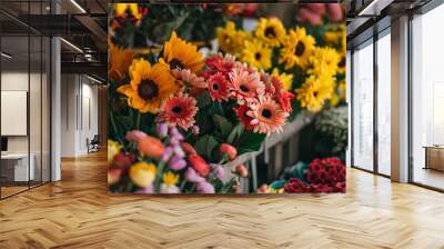 Flower market stall, variety of flowers, bright blooms Wall mural