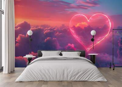 Heart shaped clouds in a blue sky, symbolizing love and romance  Wall mural