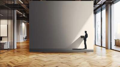 Icon figure, standing in front of a blank wall holding a box, soft ambient lighting with gentle shadows, monochromatic color scheme with subtle gradients, minimalist and clean design, the figure s Wall mural