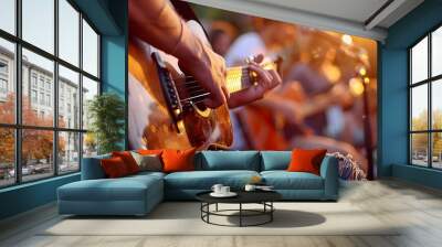 Musicians playing acoustic instruments at a summer music festival, intimate performance, outdoor stage, audience, relaxation Wall mural