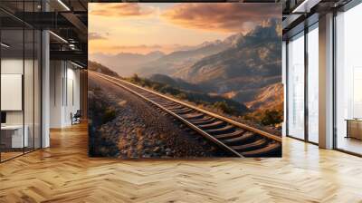 Railroad tracks meandering through a picturesque mountain range, golden hour light creating warm hues and deep shadows, detailed rugged terrain and tracks, mood of determination and commitment, Wall mural