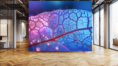 Thin leaf section viewed under a microscope, illuminated by cool blue light, photorealistic style emphasizing fine details of cellular and vascular patterns, precise and focused mood, highlighting Wall mural