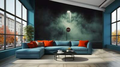 traffic signs of moon rising over city, casting blue light on Smoke cloud foggy Wall mural