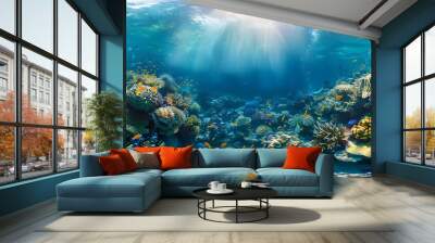 Vibrant coral reef teeming with colorful fish in the crystal-clear water Wall mural