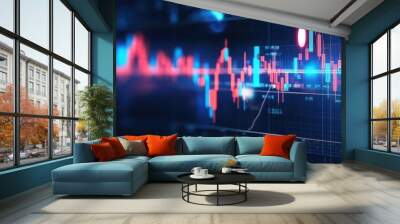 3D holographic stock chart showing ROI trends, virtual glowing data points, digital dashboard, blue neon lighting, abstract futuristic background Wall mural