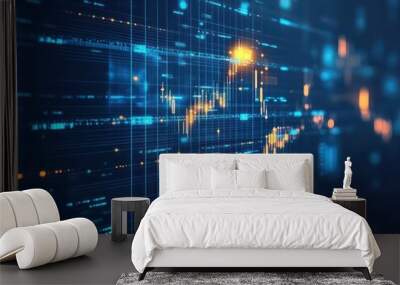 Abstract financial charts and graphs floating in space, deep blue tones, glowing data points, business banking concept, futuristic digital art Wall mural