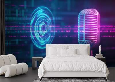 Abstract image of a digital voice announcement, with swirling holographic waves forming around a sleek robotic microphone, scifi, glowing neon Wall mural