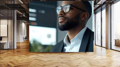 An entrepreneur in a sleek office, reviewing a digital dashboard where every business target is marked Check Ready with a satisfied smile Wall mural