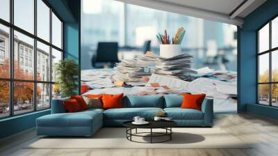 Broken office desk, scattered financial papers, 3D illustration Wall mural