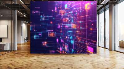 Digital grid with glowing holographic interfaces and tech diagrams floating in the air, dark purple background, neon highlights, digital art Wall mural