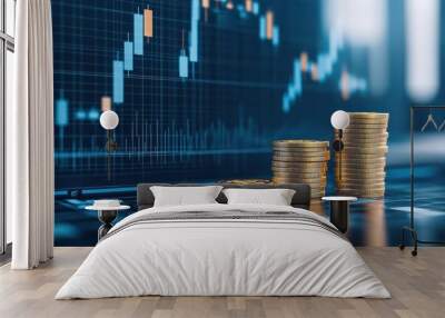 Line graph with gold coins, financial success, futuristic feel, 3D illustration Wall mural