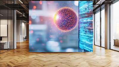 Quantum computer with floating glowing particles, futuristic lab, 3D illustration Wall mural